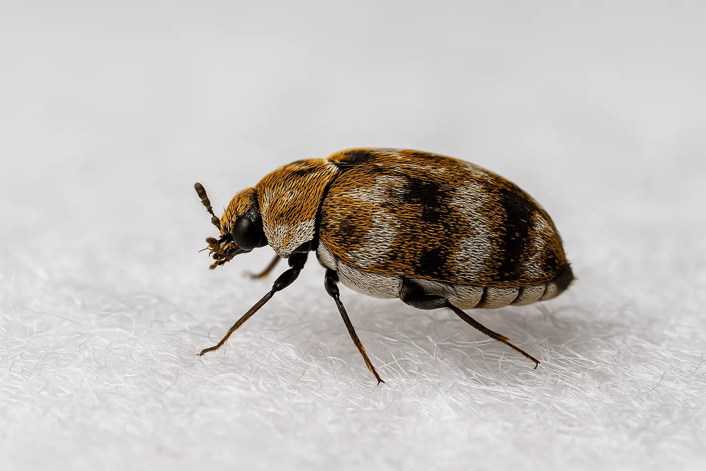 Carpet beetle on a pale carpet