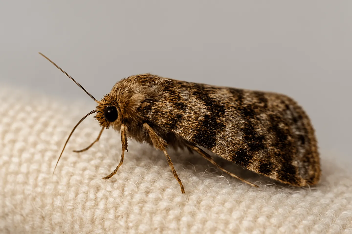 Carpet moth resting on a cream carpet