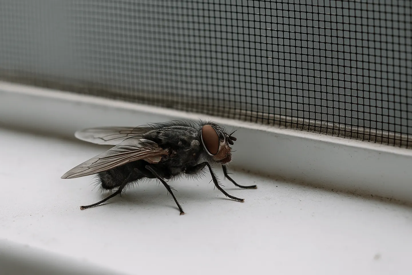 Cluster fly on a white window sill beside a fly screen