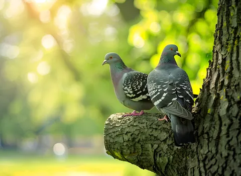 Two pigeons perched on a tree branch