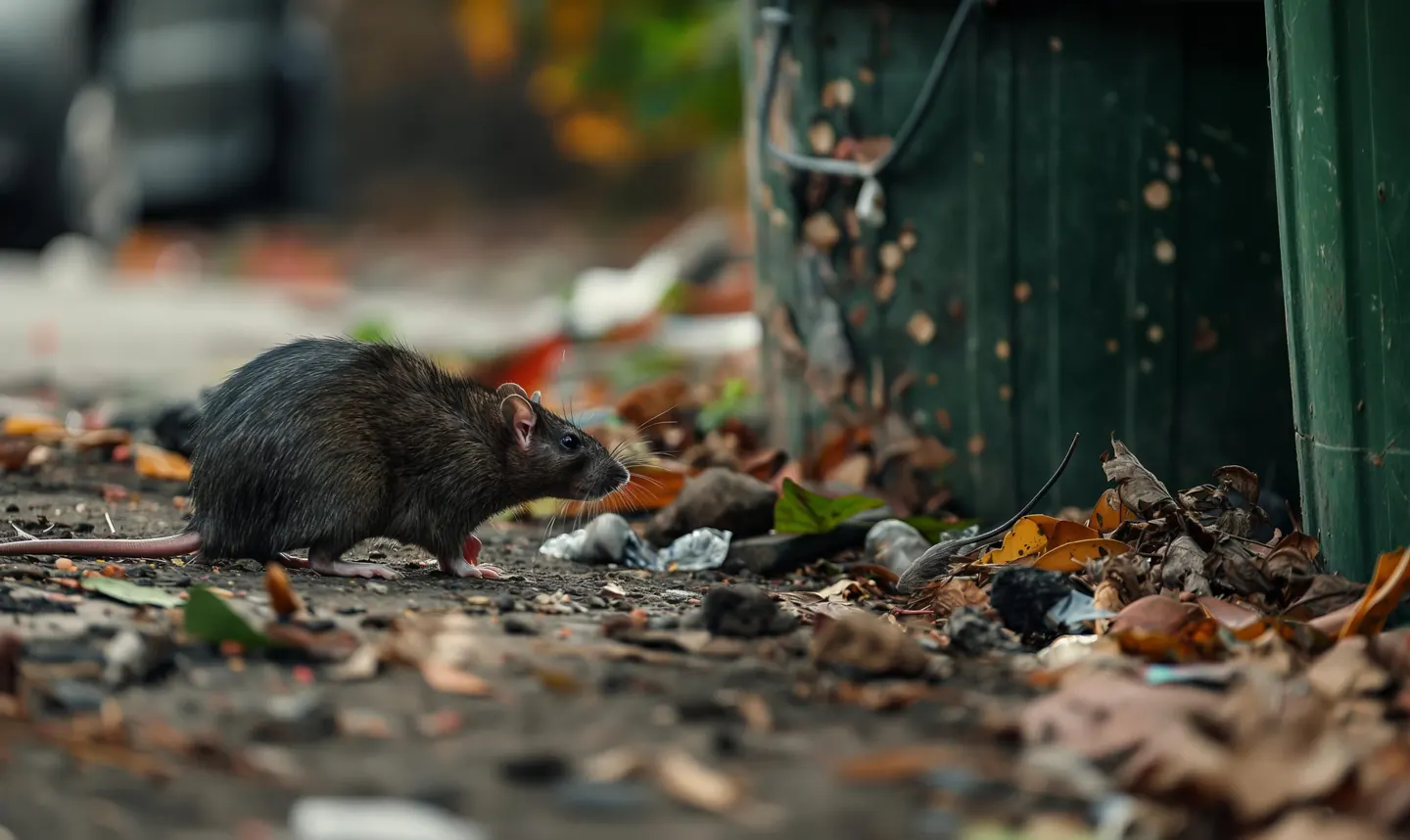 Brown rat beside a green wheelie bin among fallen leaves