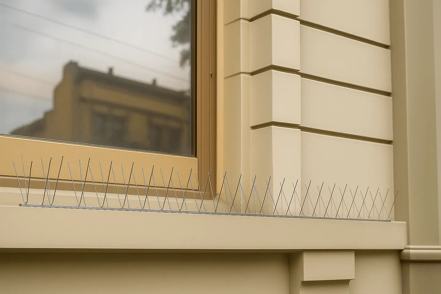 The same ledge fitted with bird spikes and no pigeons