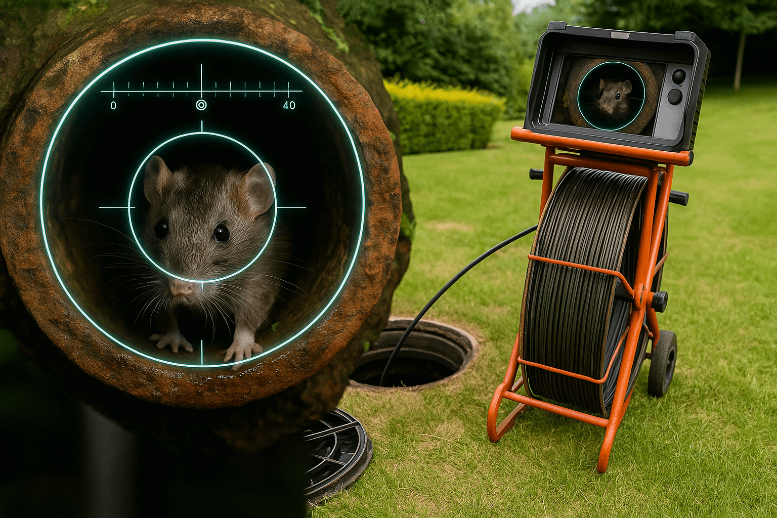 Illustration of a drain camera survey finding a rat in a pipe