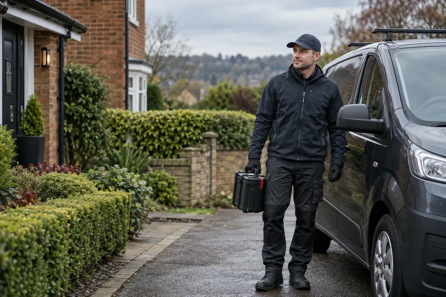 Pest control technician preparing equipment outside a residential property